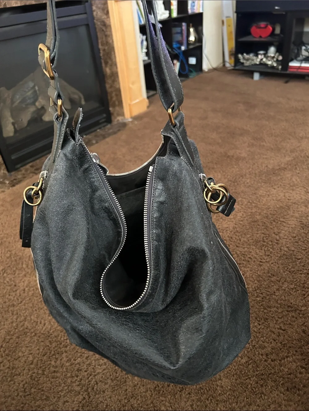 Chloé Black Suede Hobo with Logo Front Pocket